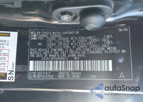 2006 Toyota 4Runner Sr5 V6 z USA, uszkodzony, nr VIN JTEZU14R260080612